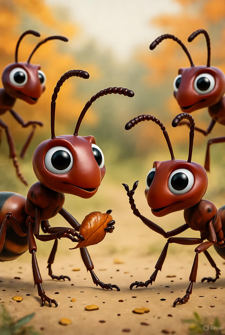 Ants working together to gather food