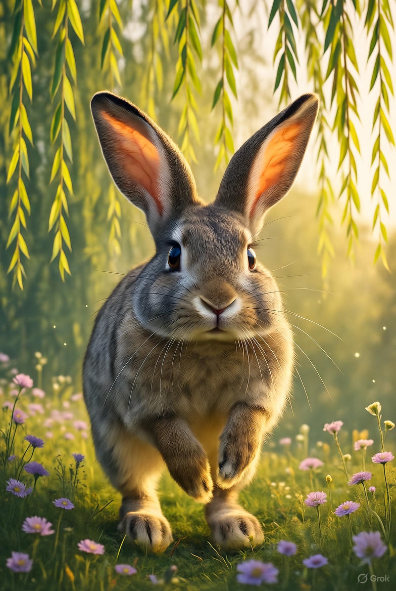 Rabbit waiting patiently in a field of flowers