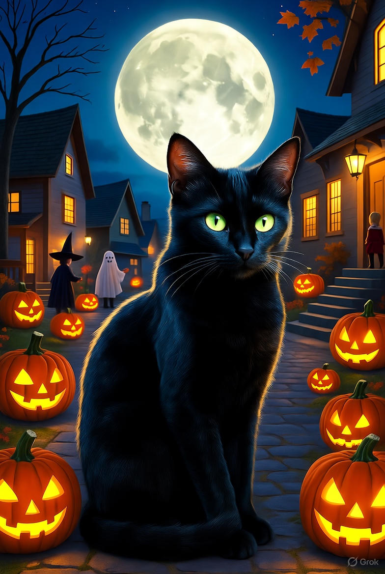 Shadow the cat under a moonlit spell