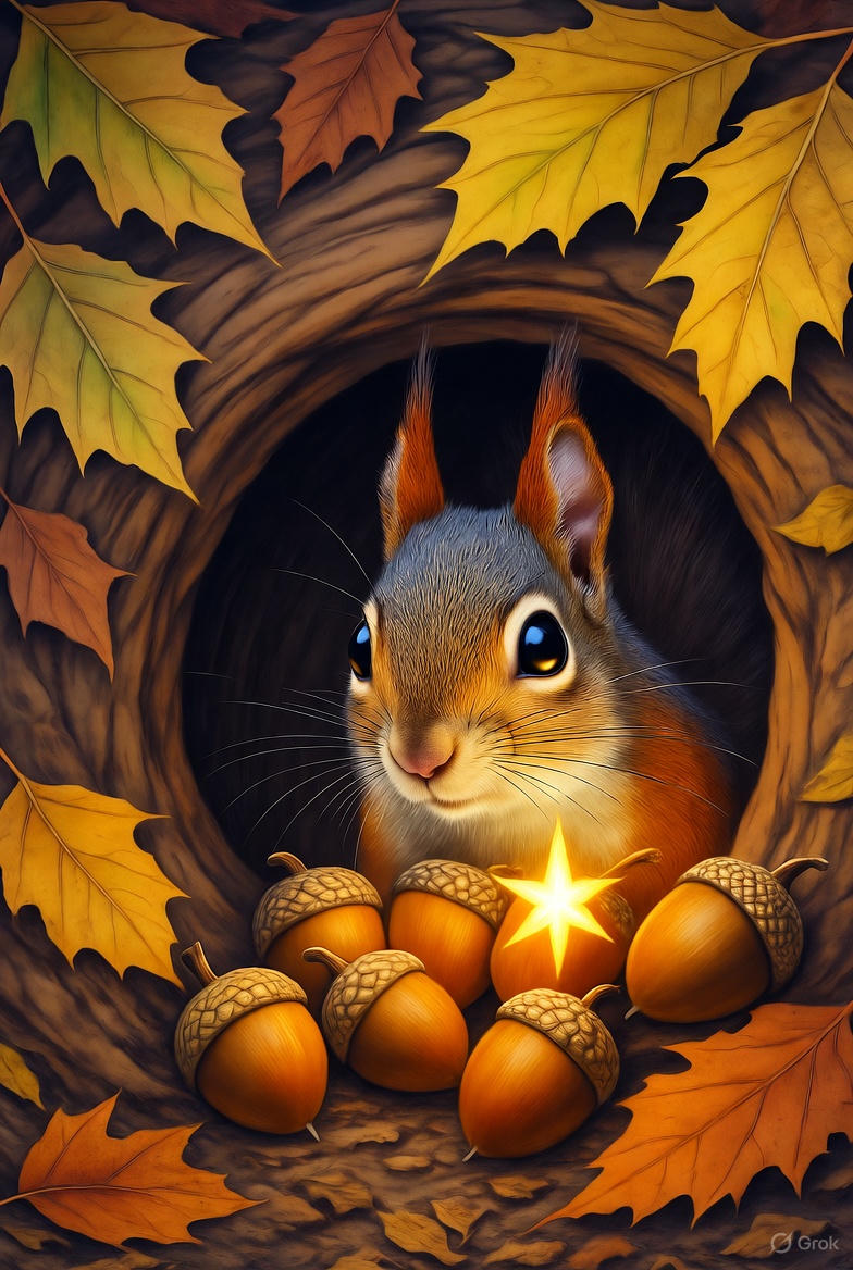 Scampy the Squirrel gathering nuts.